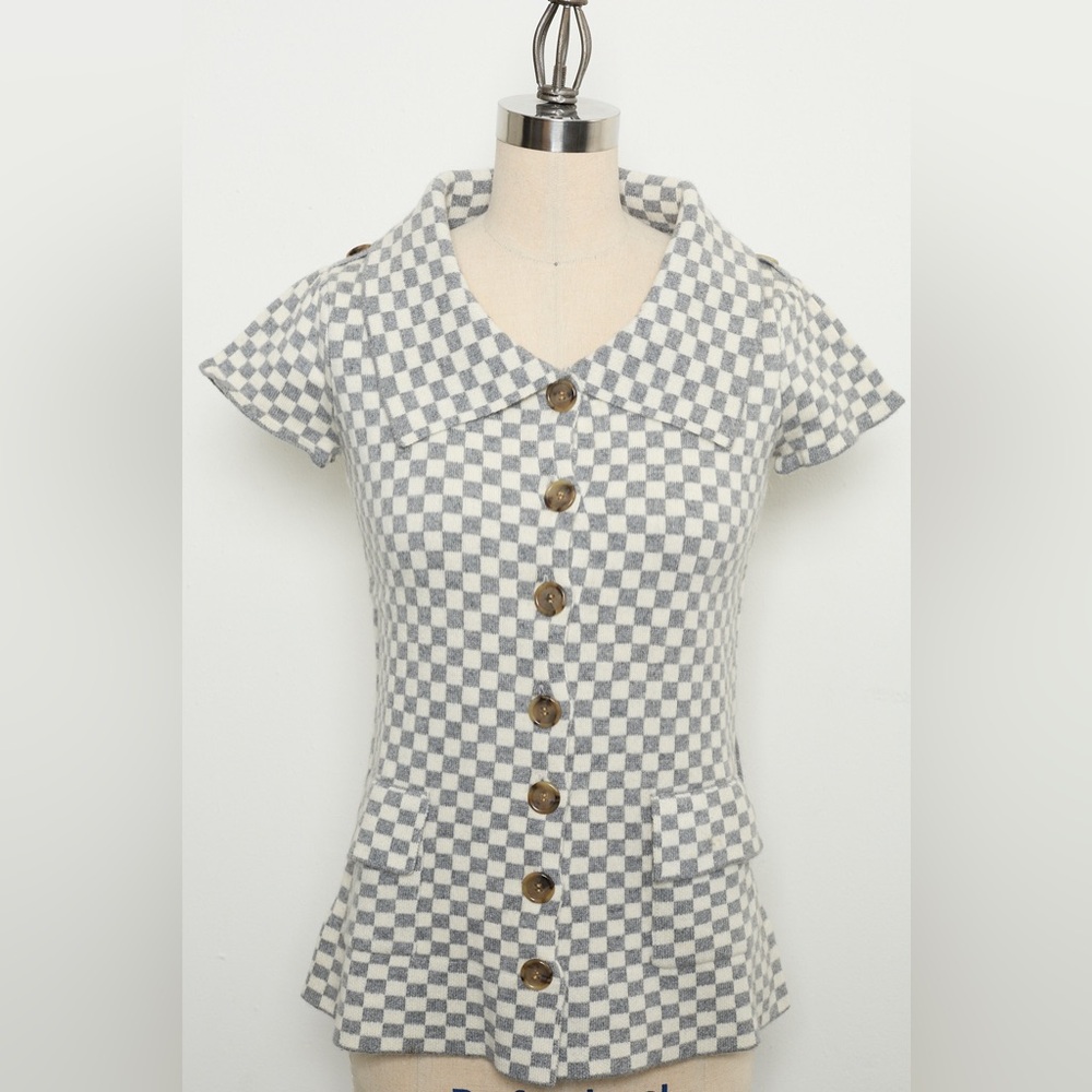 Short-Sleeve, Wide-Collar, Checkerboard-Pattern Cardigan[NEW]